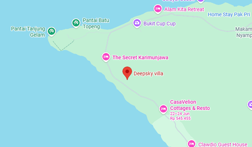 Map showing the location of Deepsky Villa on the Karimunjawa coastline